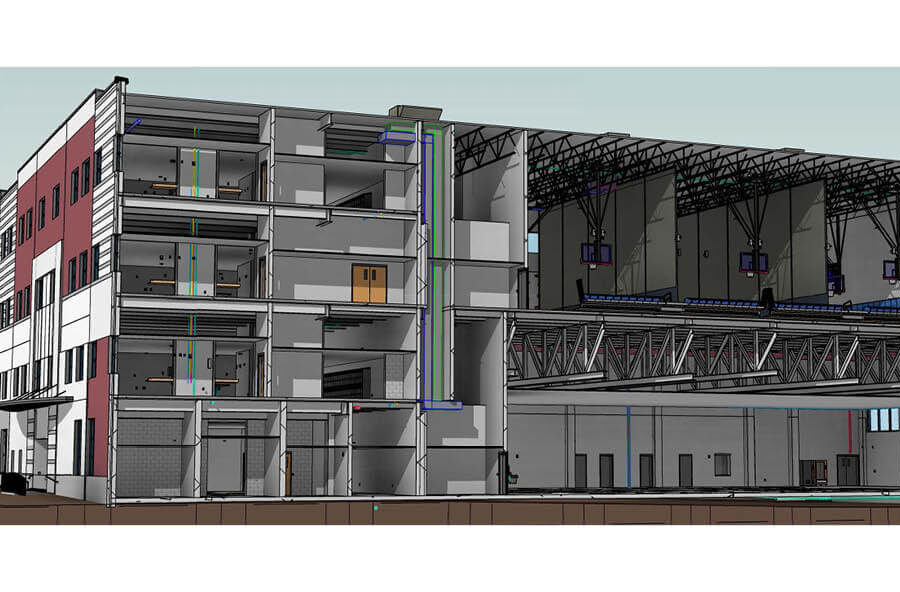 A screenshot of a building model in Revit, a design software that allows for the highest level of integration in building design, speeding up the process and minimizing errors.