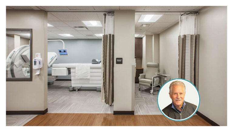 A healthcare office showing an equipment room and the adjacent patient services area. The author’s photo is also included.