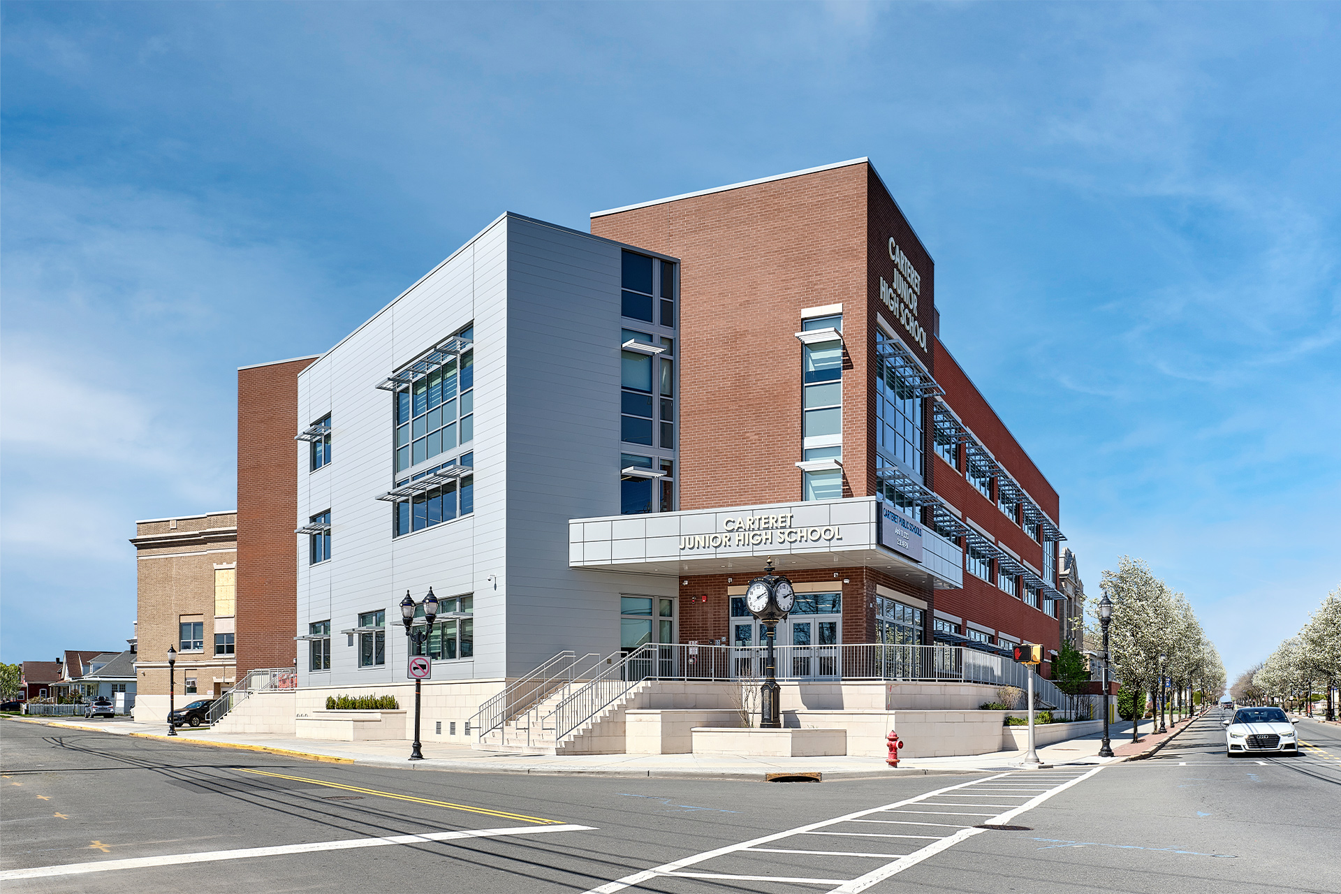 The exterior of the Carteret Junior High School, located on the corner of a main intersection.