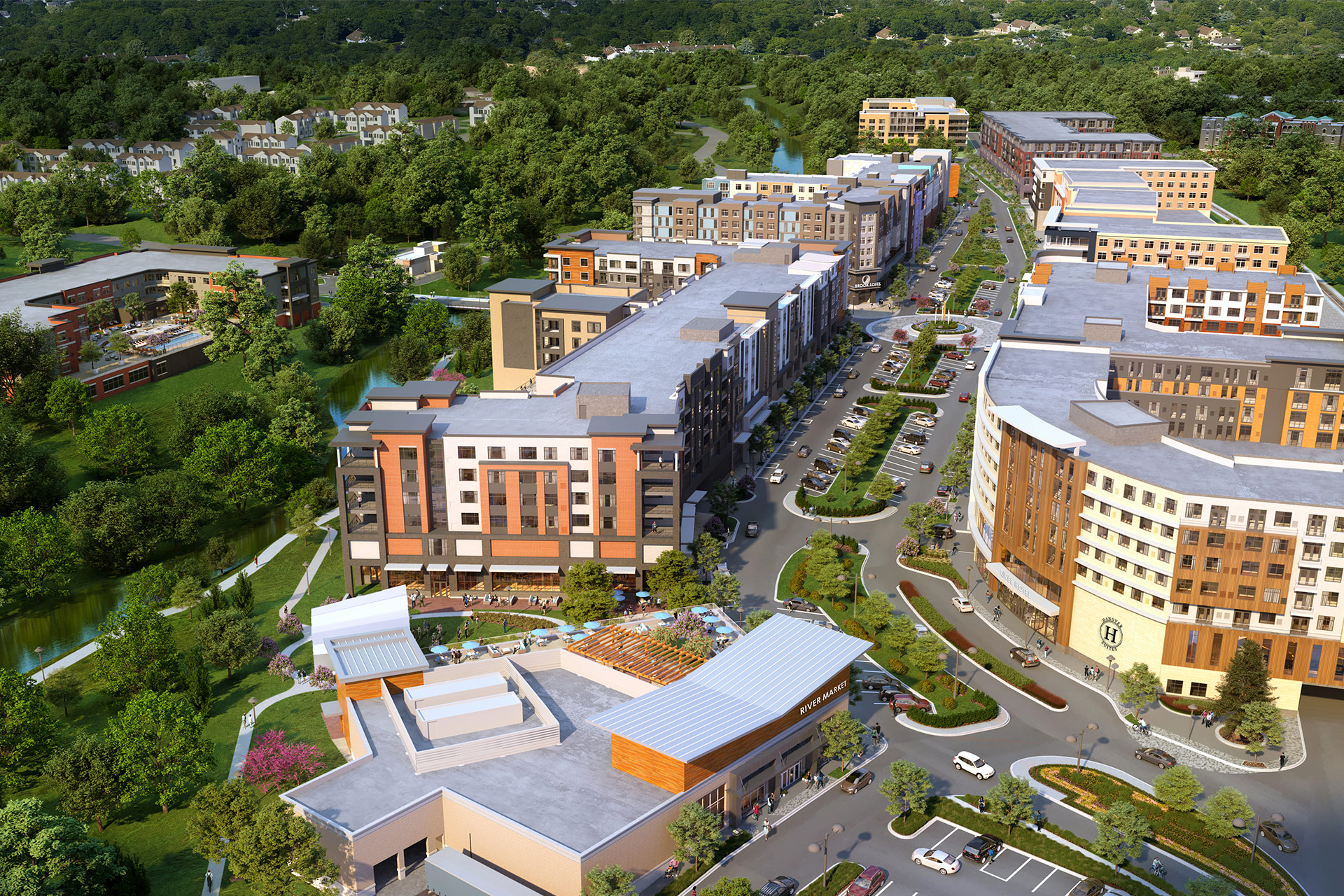 An aerial rendering of the proposed River Park Town Center, an 88-acre community of 11 buildings comprising of residential, retail and passive outdoor options.