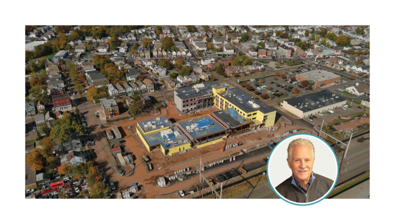 A drone view of a building under construction and the author's photo.