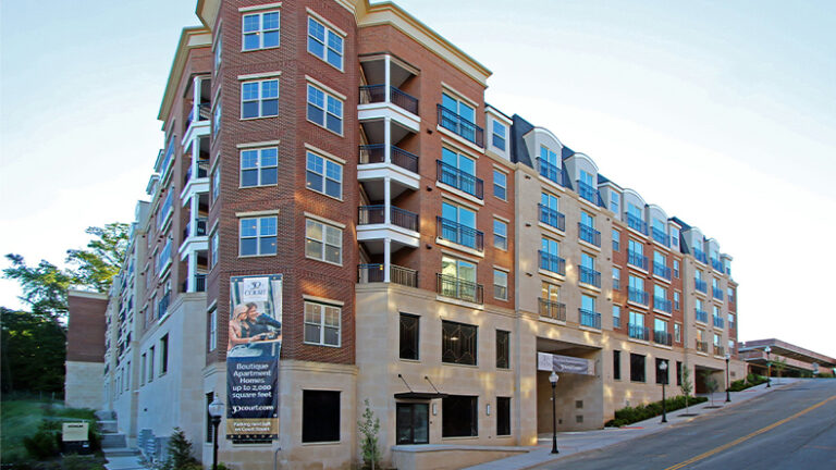 The exterior of the 30 Court residential development in Morristown shows that the building was constructed on a steep, 60 foot grade change.