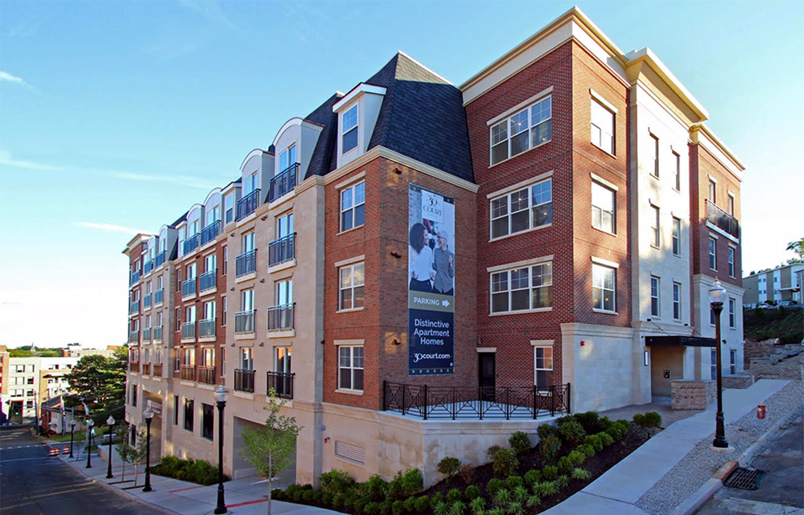The exterior of the 30 Court residential development in Morristown shows that the building was constructed on a steep, 60 foot grade change.