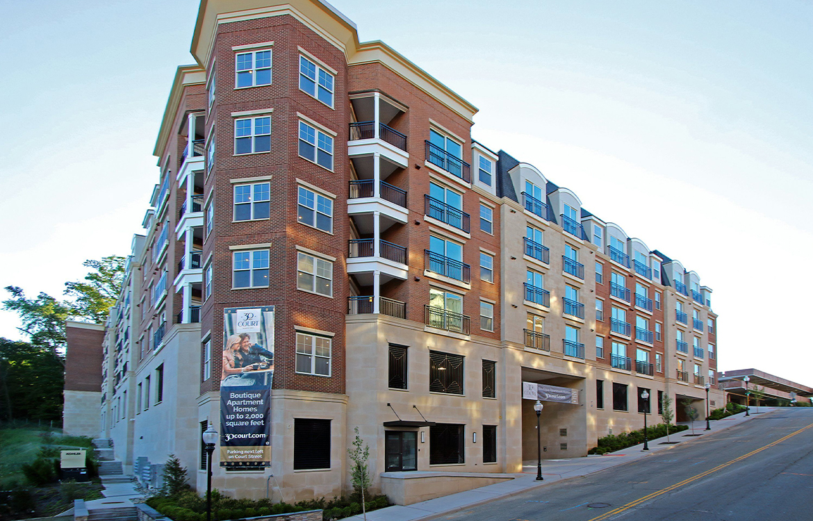 The exterior of the 30 Court residential development in Morristown shows that the building was constructed on a steep, 60 foot grade change.
