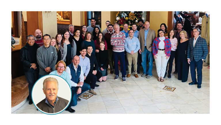 Employees posing for a photo during the holiday party and the author's photo.