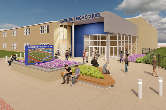 A rendering shows what the new entrance to Carteret High School will look like, including a grand entryway, security vestibule, bollards, monument and planters, which provide both a functional asthetic benefit.