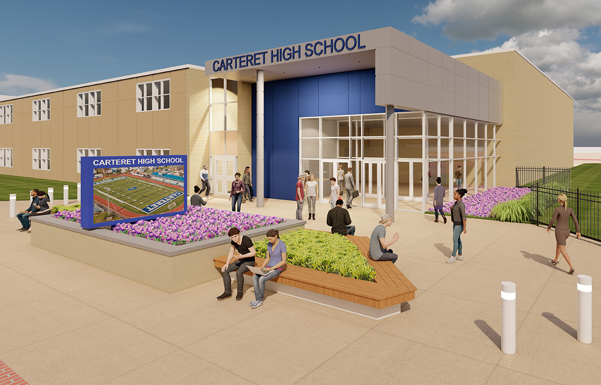 A rendering shows what the new entrance to Carteret High School will look like, including a grand entryway, security vestibule, bollards, monument and planters, which provide both a functional asthetic benefit.
