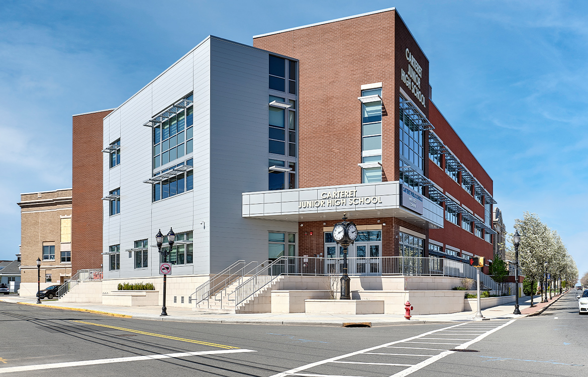 The exterior of the Carteret Junior High School, located on the corner of a main intersection.