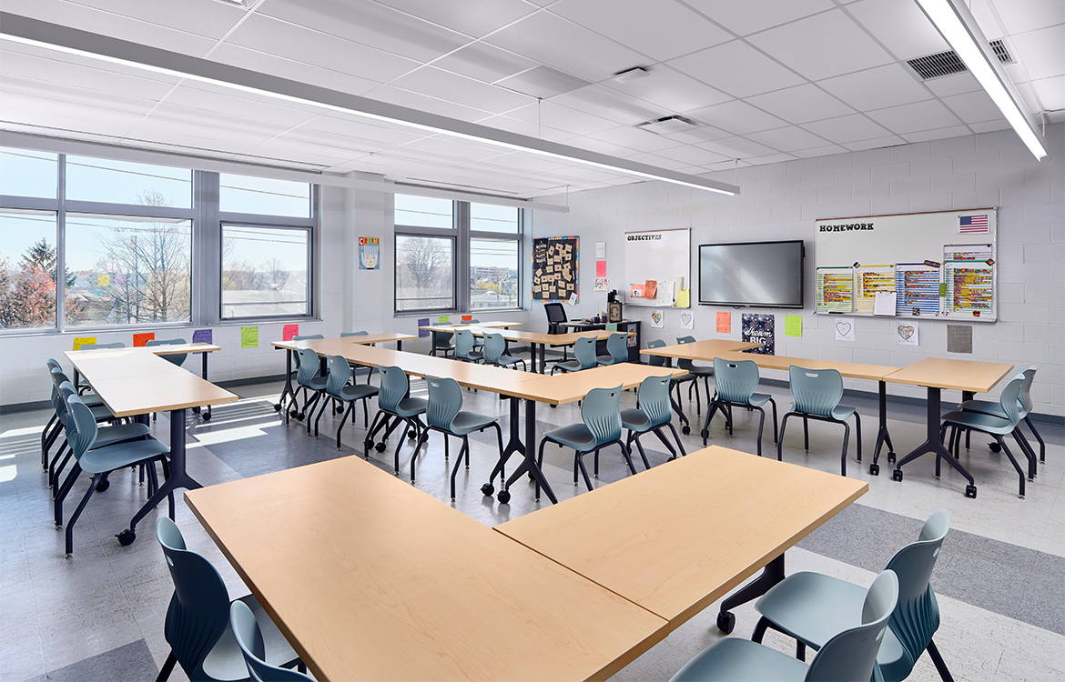 A typical classroom at Carteret Junior High School shows how easily desks can be configured into unique arrangements to best meet the needs of individual lessons.