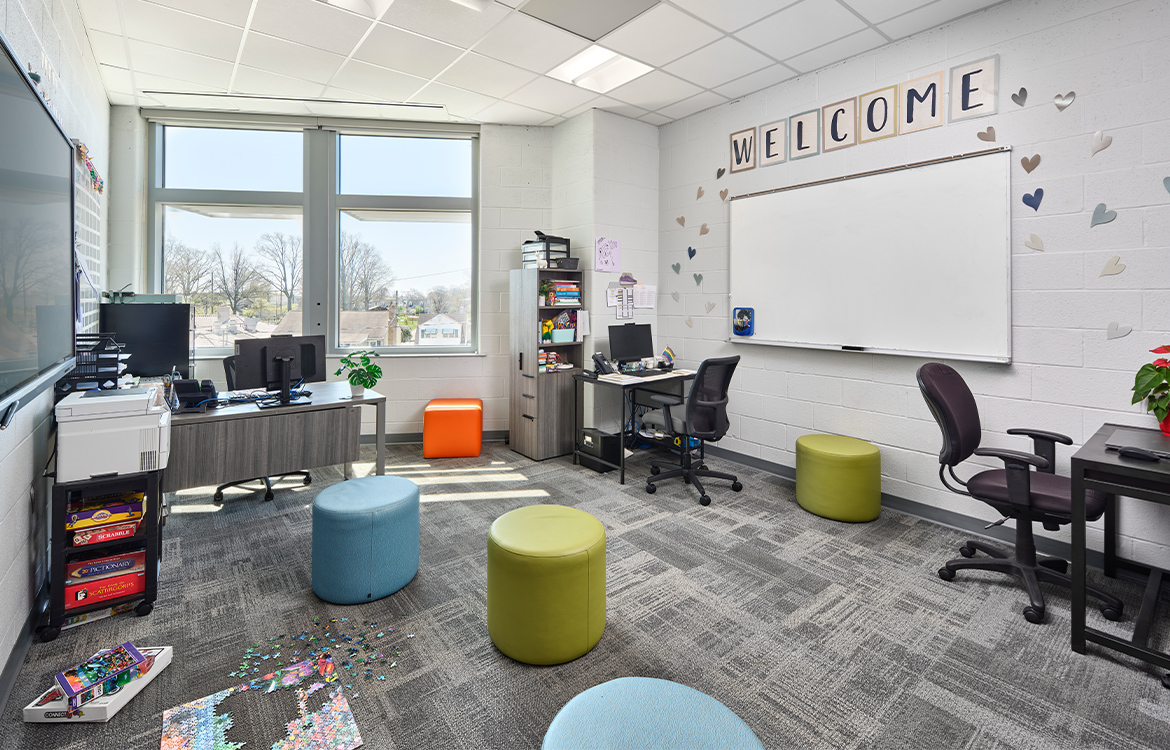 The pathways room at Carteret Junior High School provides a small are for students who require additional emotional or cognitive support. The room includes games, puzzles, soft furniture and calming colors.