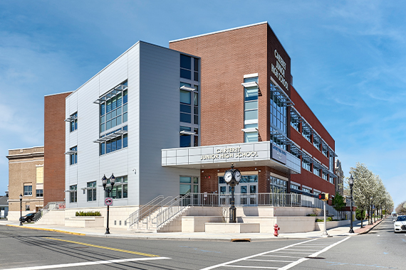 The exterior of the Carteret Junior High School, located on the corner of a main intersection.