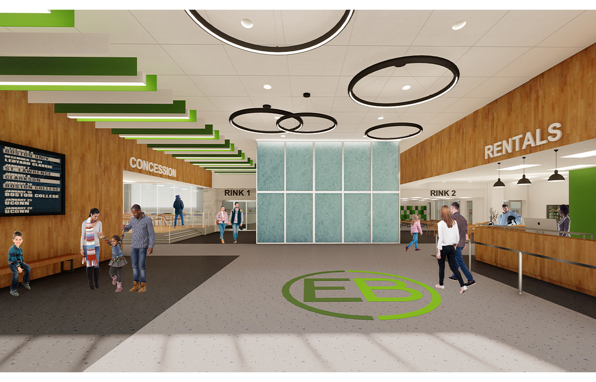 A rendering shows what the interior lobby of the East Brunswick Ice Rink will look like, including a stairwell clad in translucent panels, meant to mimic an ice cube.