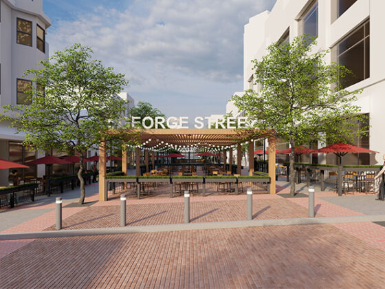 A rendering shows what closing George Street to vehicular traffic could look like, such as outdoor dining under a pergola, protected by bollards.