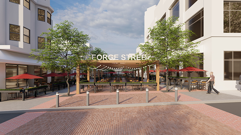 A rendering shows what closing George Street to vehicular traffic could look like, such as outdoor dining under a pergola, protected by bollards.