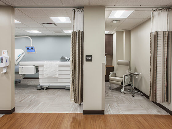 At the Hunterdon Healthcare Medical Office Building, one room shows Nuclear Medicine equipment and an adjacent patient room.