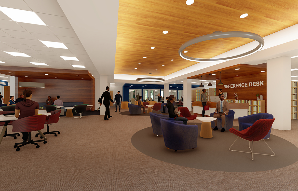 A rendering shows what the reference desk area of the Middletown Library will look like, including a large open space with an inverted ceiling, numerous small gathering spaces with different types of furniture and clear wayfinding.