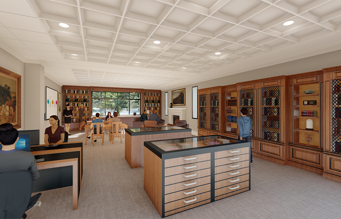 A rendering shows what the history room at Middletown Library will looks like, with rich colors and an abundance of display shelfs showing local historial artifacts.