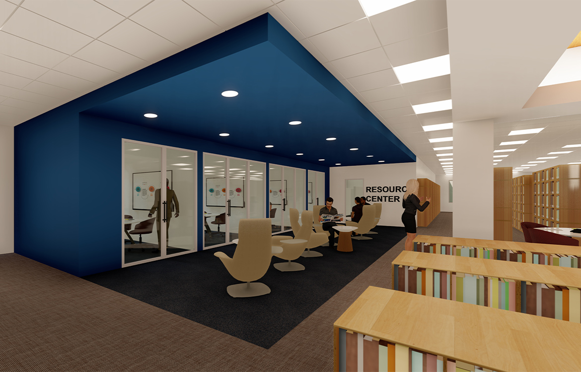A rendering shows what the resource center at the Middletown Library will look like, including several private rooms with full length glass doors and flexible seating.