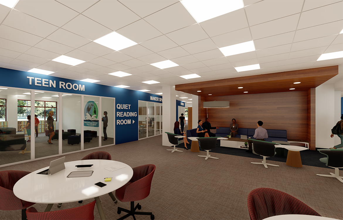 A rendering of the Middletown Library shows the teen room, separated by glass walls, a casual gathering area and clear directional signage to other areas of the library.
