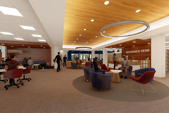 A rendering shows what the reference desk area of the Middletown Library will look like, including a large open space with an inverted ceiling, numerous small gathering spaces with different types of furniture and clear wayfinding.