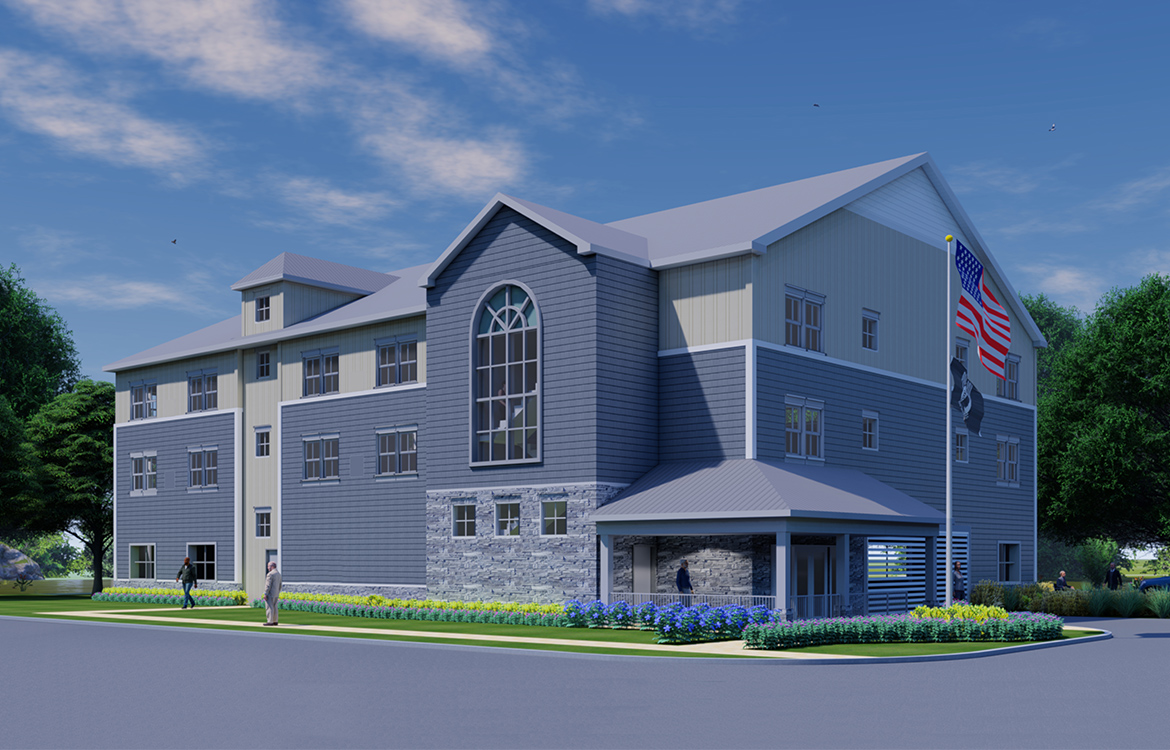 A rendering shows the exterior of the Middletown Veteran's Housing, closely resembling a single family home.