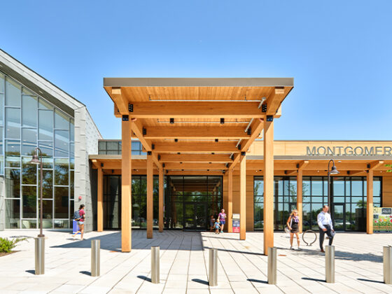 The exterior of the Montgomery Municipal Center includes an abundance of heavy timber, meant to honor the township's agricultural history.