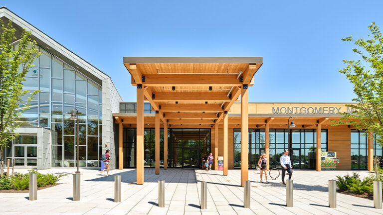 The exterior of the Montgomery Municipal Center includes an abundance of heavy timber, meant to honor the township's agricultural history.