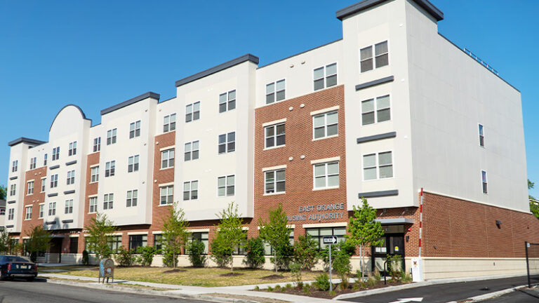 The exterior of the Ted R. Green Senior Residences, near the entrance to the East Orange Housing Authority's offices which are located inside the building.