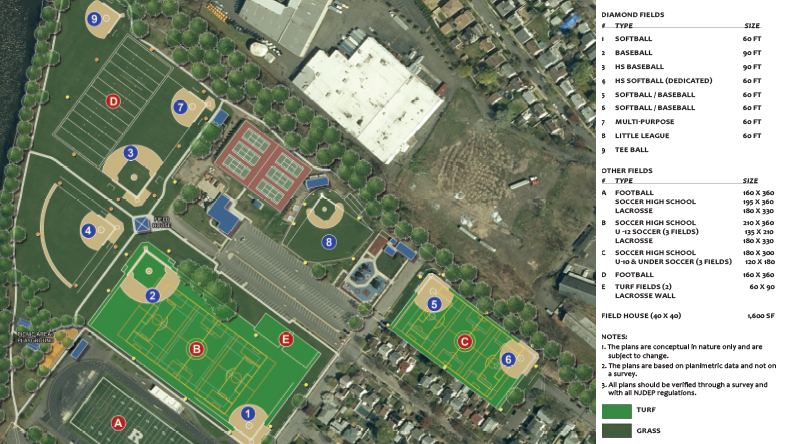 A plan lays out where a variety of sports fields, such as softball, baseball, football and lacrosse, can be accomodated for a proposed park project.