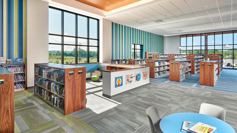 The children's room at the Montgomery branch of the Somerset County Library System includes bright colors, patterns, age-appropriate games and small gathering areas.