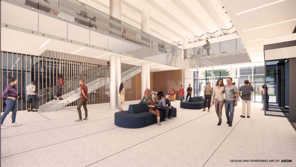 A rendering shows what the main lobby of the Middlesex County student center will look like.