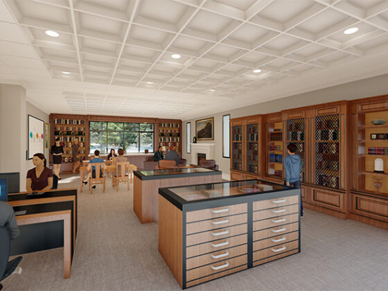 A rendering shows what the history room at Middletown Library will looks like, with rich colors and an abundance of display shelfs showing local historial artifacts.