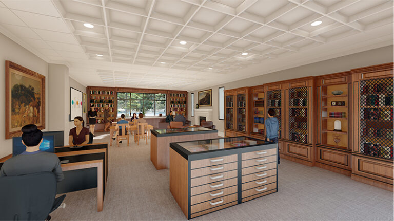 A rendering shows what the history room at Middletown Library will looks like, with rich colors and an abundance of display shelfs showing local historial artifacts.