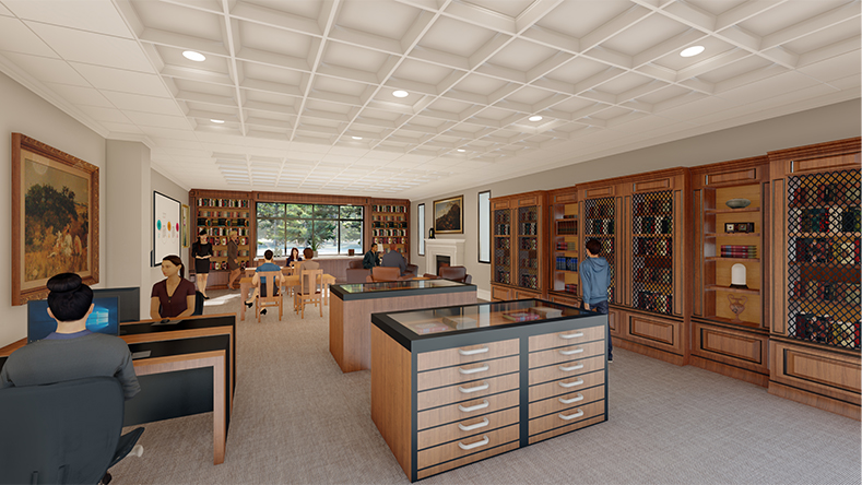 A rendering shows what the history room at Middletown Library will looks like, with rich colors and an abundance of display shelfs showing local historial artifacts.