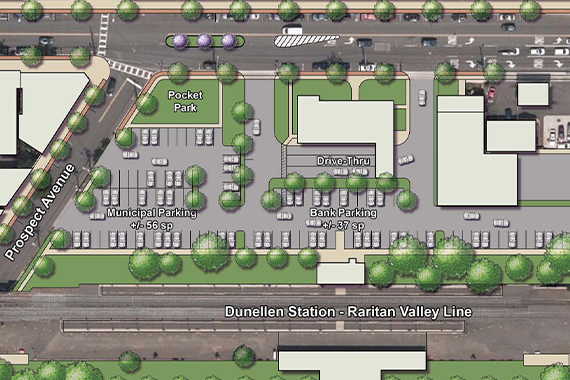 A site plan shows the location of a pop-up pocket park in Dunellen and its adjacencies to existing parking, businesses and the nearby train line.