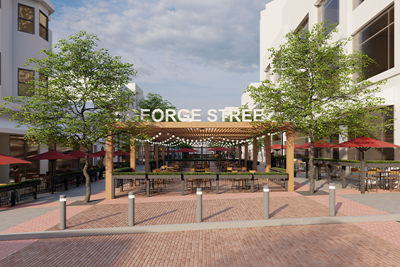 A rendering shows what closing George Street to vehicular traffic could look like, such as outdoor dining under a pergola, protected by bollards.