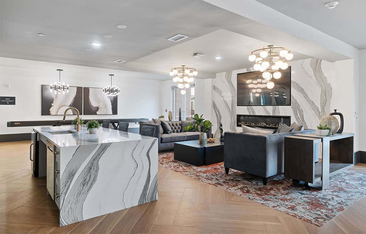 The resident lounge at The Vale, showing high-end finishes and a fire place, making it an attractive location for private parties.