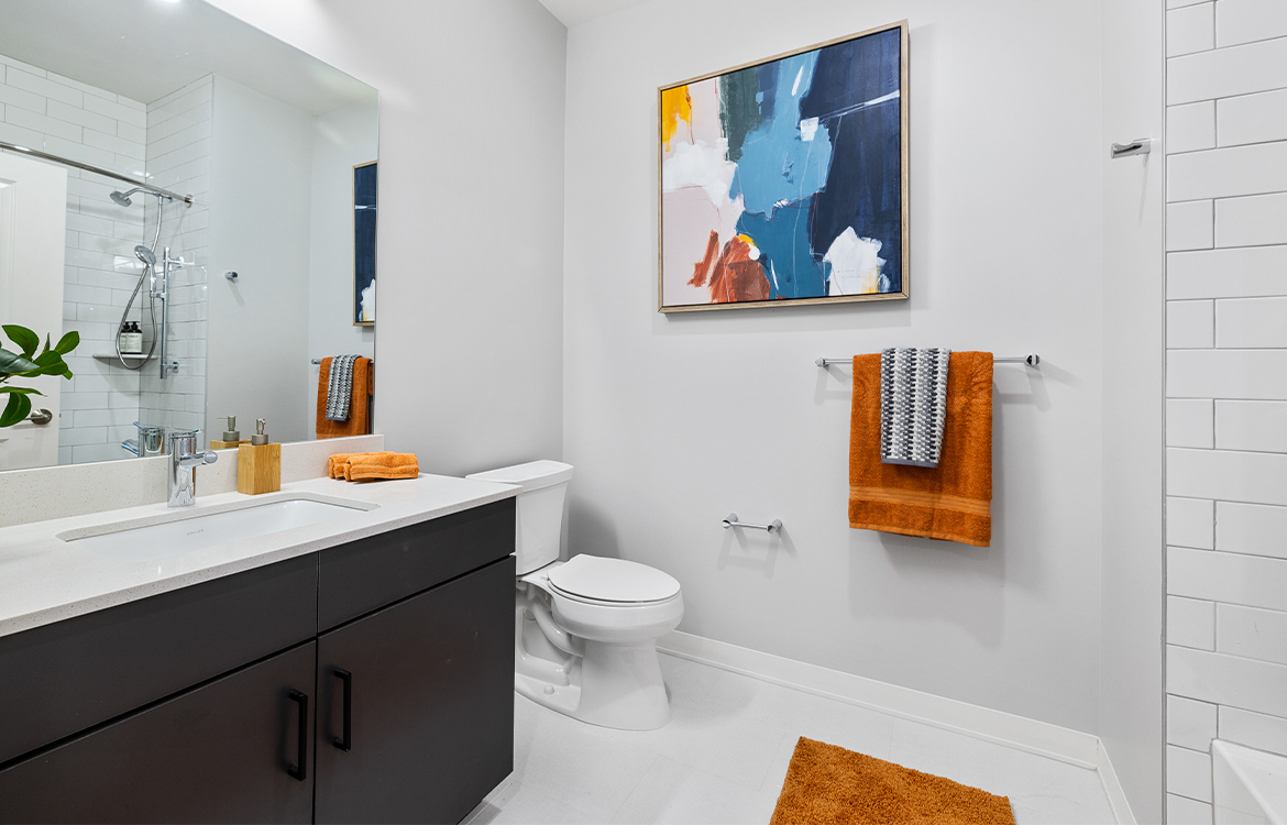 A bathroom at The Vale, showing the use of neutral finishes.