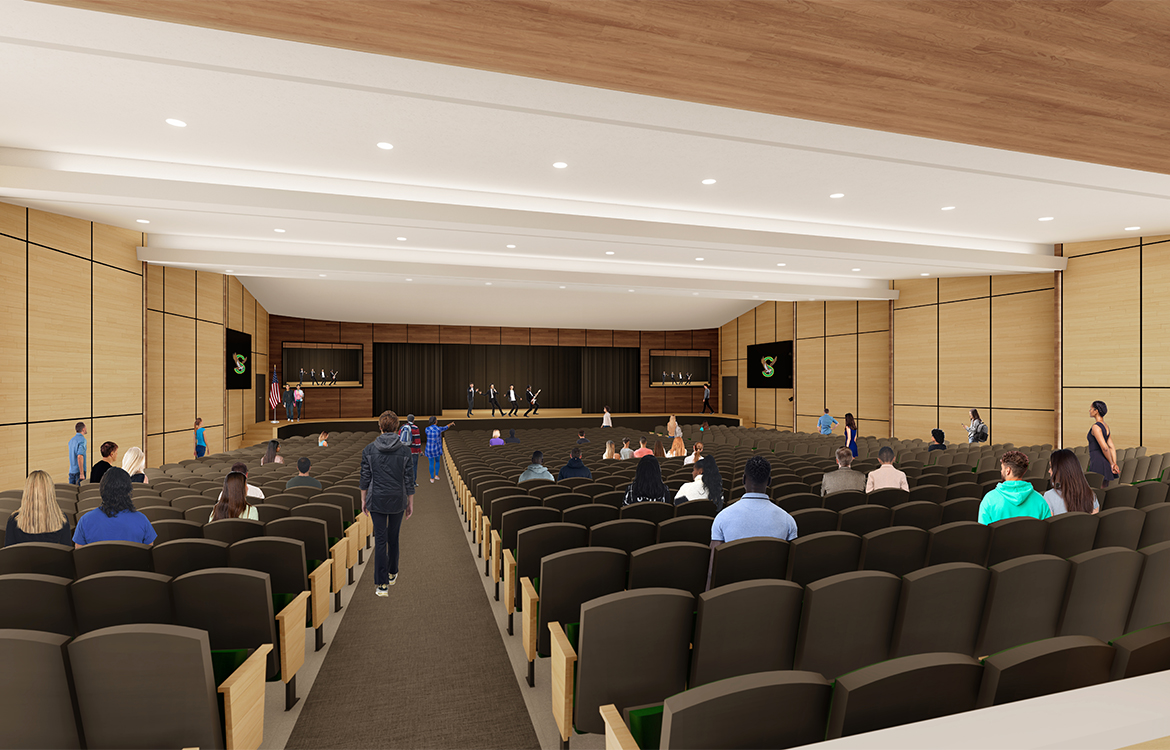 A rendering shows what the new auditorium at J.P. Stevens High School will look like from the perspective of the back of the auditorium.
