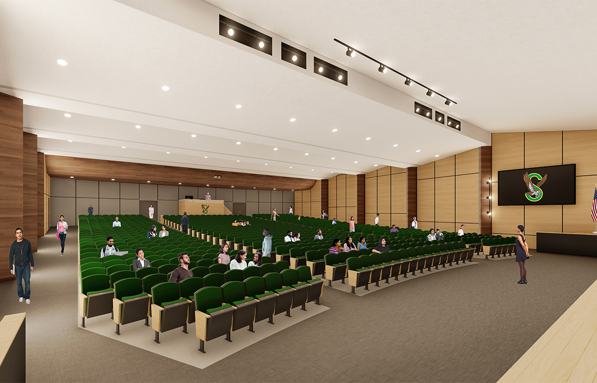 A rendering shows what the new auditorium at J.P. Stevens High School will look like from the perspective of the stage.