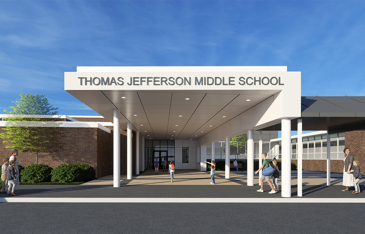 A rendering shows what the new entrance canopy and plaza at Thomas Jerfferson Middle School will look like.