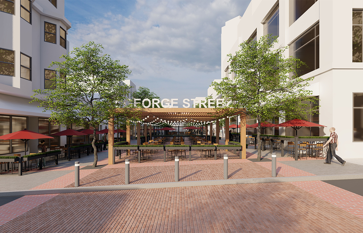 A rendering shows what closing George Street to vehicular traffic could look like, such as outdoor dining under a pergola, protected by bollards.