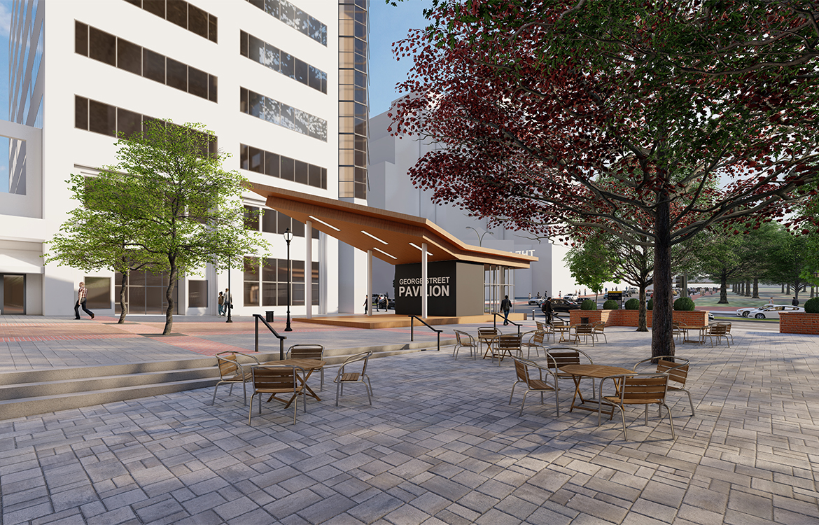 A rendering shows what closing George Street to vehicular traffic could look like, such as an outdoor performance area and stage.