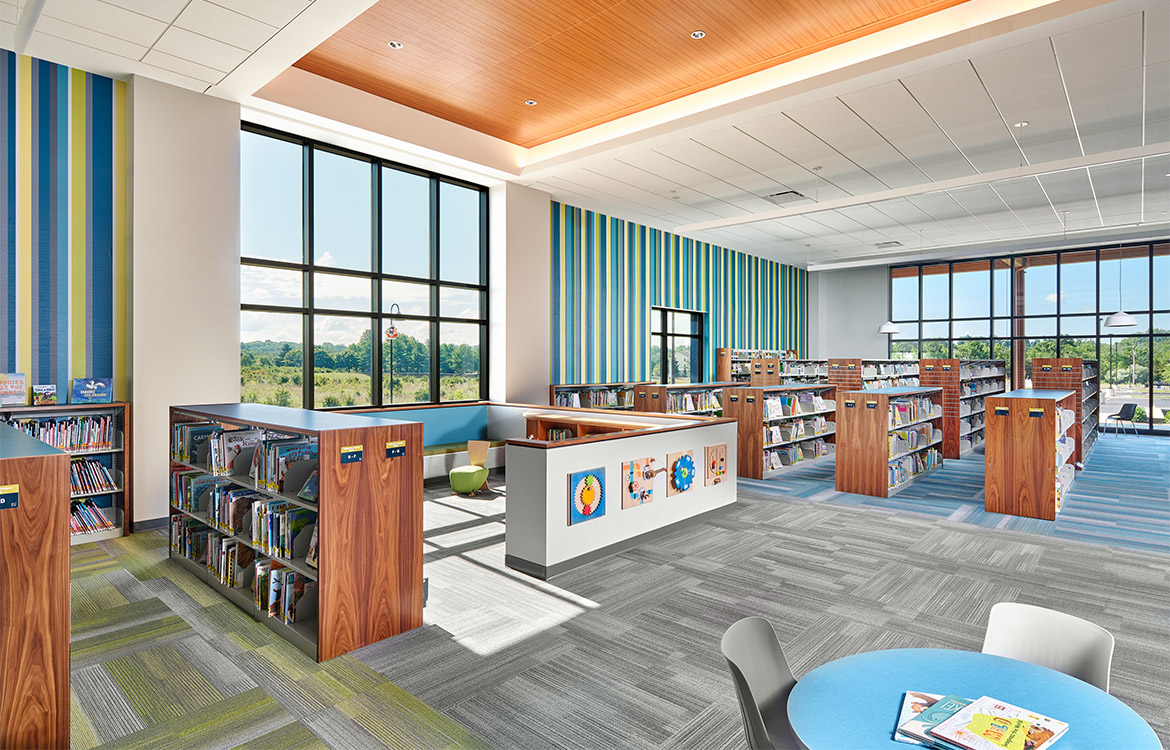 The children's room at the Montgomery branch of the Somerset County Library System includes bright colors, patterns, age-appropriate games and small gathering areas.