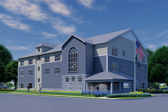 A rendering shows the exterior of the Middletown Veteran's Housing, closely resembling a single family home.