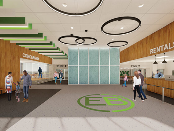 A rendering shows what the interior lobby of the East Brunswick Ice Rink will look like, including a stairwell clad in translucent panels, meant to mimic an ice cube.