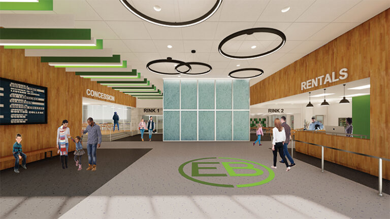 A rendering shows what the interior lobby of the East Brunswick Ice Rink will look like, including a stairwell clad in translucent panels, meant to mimic an ice cube.