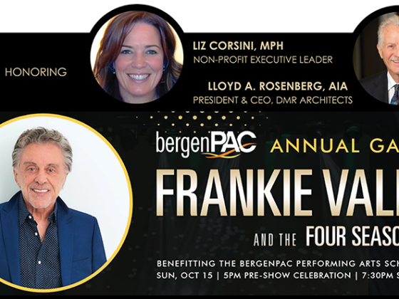 A promotional flyer promotes the Frankie Valli performance and fundraiser at the bergenPAC and includes headshots of the two honorees.