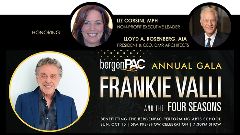 A promotional flyer promotes the Frankie Valli performance and fundraiser at the bergenPAC and includes headshots of the two honorees.
